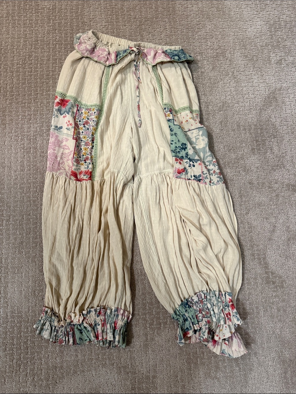 Free People Cream Floral Patchwork Wide-Leg Pants